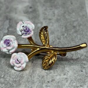 Vintage Mid Century Rose Bouquet Enamel Brooch White Pink Purple Gold Tone